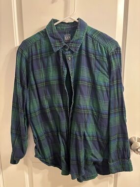 GAP Navy Blue & Green Plaid Button-Down Shirt